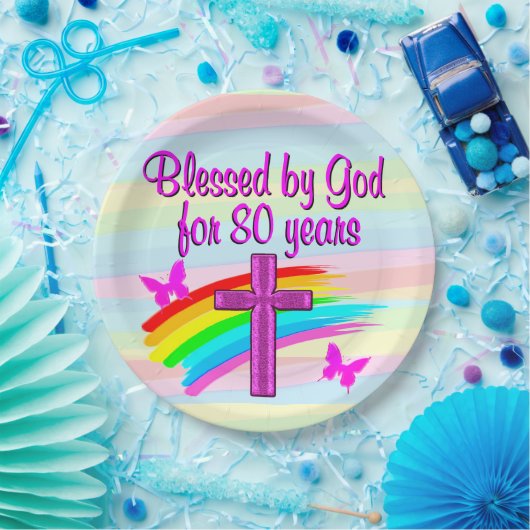  ROZE CHRISTELIJKE 80STE VERJAARDAG PAPIER BORDEN PAPIEREN BORDJE (Feest)