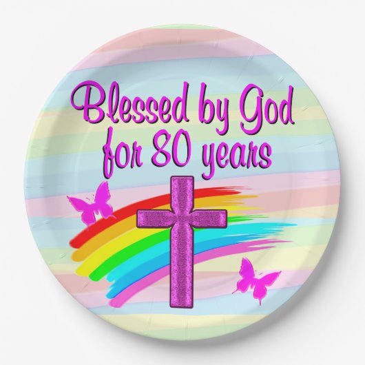 ROZE CHRISTELIJKE 80STE VERJAARDAG PAPIER BORDEN PAPIEREN BORDJE (Voorkant)