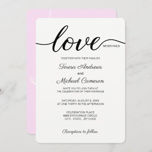 Roze Christelijke bruiloft liefde nooit faalt Kaart (Voorkant / Achterkant)