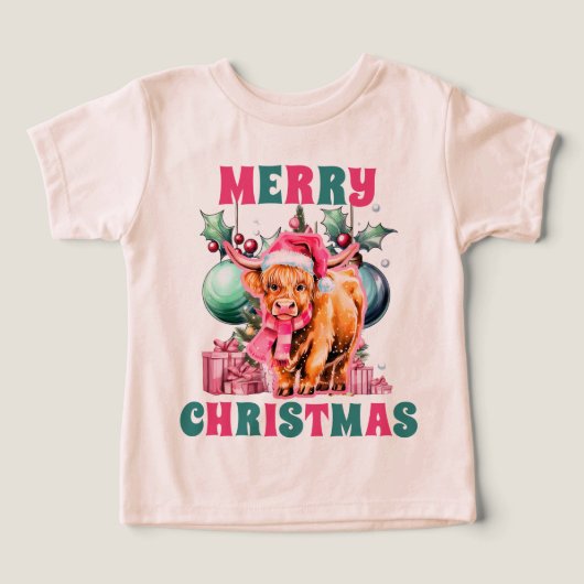 Roze Christmas Highland Koe Peuter T-shirt (Design voorkant)
