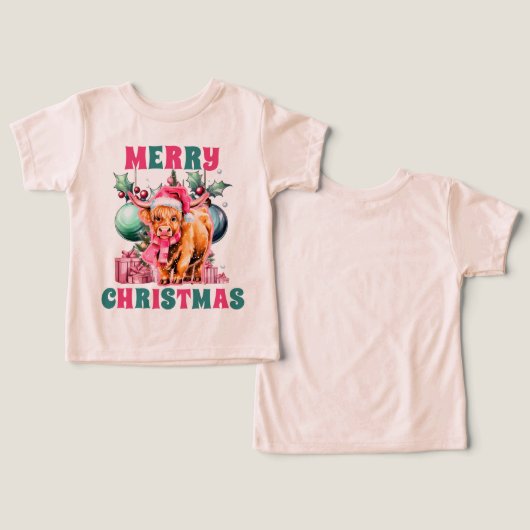 Roze Christmas Highland Koe Peuter T-shirt (Ontwerp Voorkant & Achterkant)