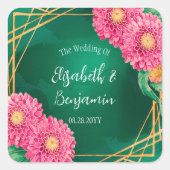 Roze chrysanten met gouden geometrische bruiloft vierkante sticker (Voorkant)