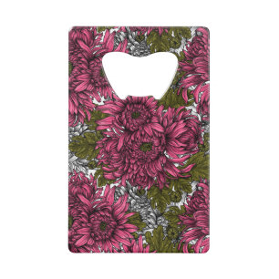 Roze chrysanthemum bloemen creditkaart flessenopener