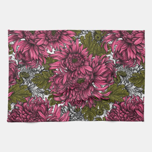 Roze chrysanthemum bloemen theedoek (Horizontaal)