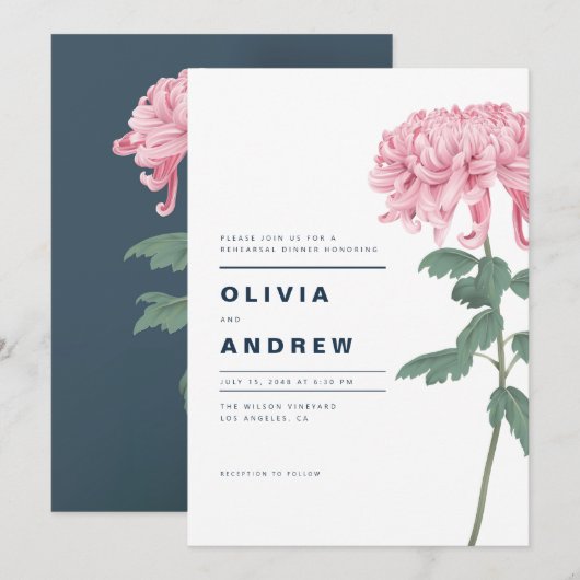 Roze chrysanthemum Botanische repetitie Dinner Kaart (Voorkant / Achterkant)