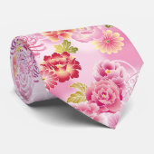 Roze Chrysanthemum Pioen Bloemen Patroon  Stropdas (Opgerold)