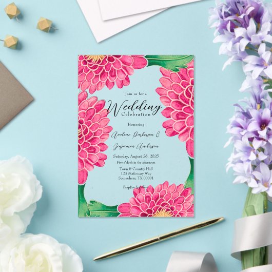 Roze Chrysanthemums Goud Geometrisch Geschilderd H Acryl Uitnodigingen (Insitu (Huwelijk))