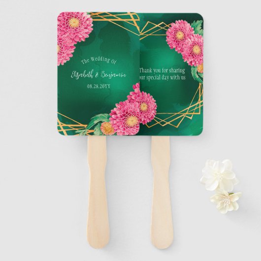 Roze Chrysanthemums Gouden Geometrische Huwelijk Handwaaier (Voorkant en achterkant)