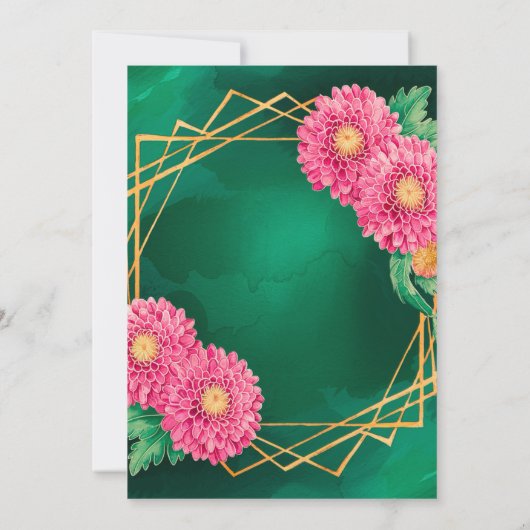 Roze Chrysanthemums Gouden Geometrische Trouwdouch Kaart (Achterkant)