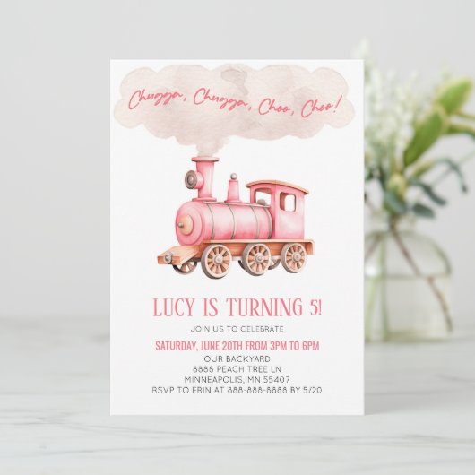 Roze Chugga Choo Choo Trein Verjaardagsfeest Kaart (Staand voorkant)