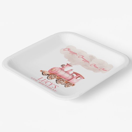 Roze Chugga Choo Choo Trein Verjaardagsfeest Papieren Bordje (Gebogen)