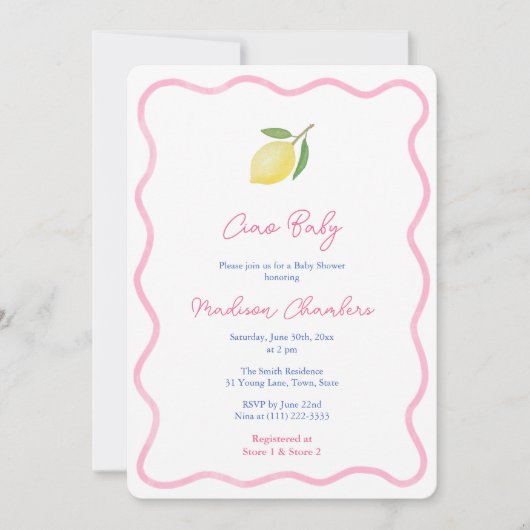  Roze Ciao Baby Lemon Girl Baby shower Kaart (Voorkant)