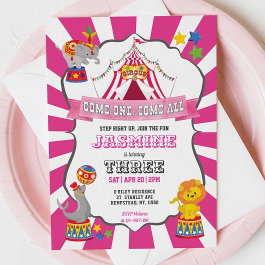 Roze Circus Carnival Birthday Uitnodiging
