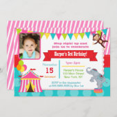 Roze Circus Carnival Foto Birthday Invitations Kaart (Voorkant / Achterkant)