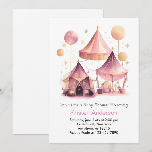 Roze Circus Sky of Delight Meisje Baby shower Kaart (Voorkant / Achterkant)