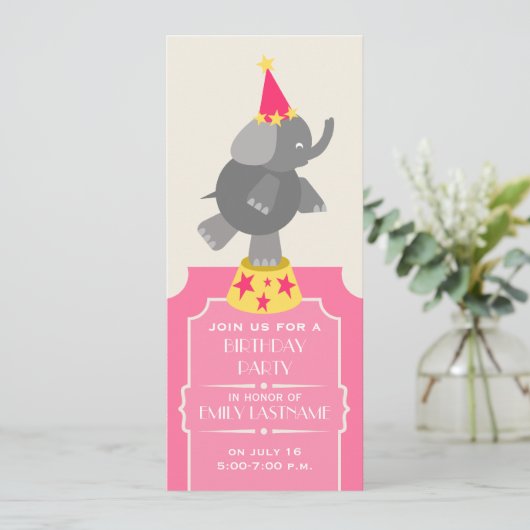 Roze Circus Ticket Elephant Birthday Party Kaart (Staand voorkant)