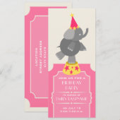 Roze Circus Ticket Elephant Birthday Party Kaart (Voorkant / Achterkant)