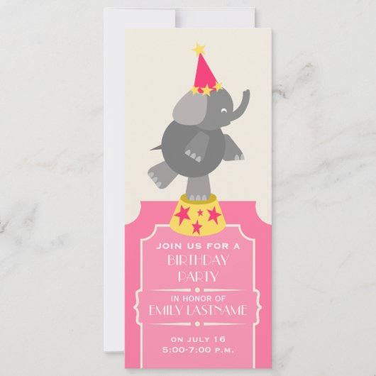 Roze Circus Ticket Elephant Birthday Party Kaart (Voorkant)