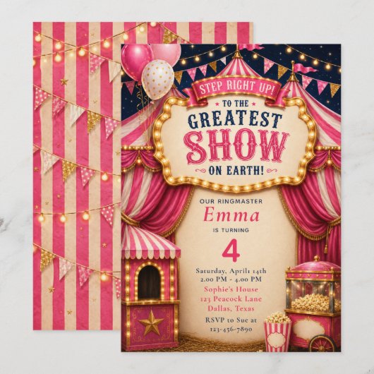Roze Circus Verjaardag Kaart (Voorkant / Achterkant)