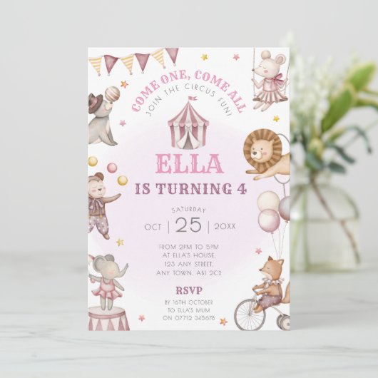 Roze Circus Verjaardagsfeest Uitnodiging Carnaval (Staand voorkant)