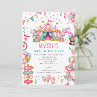 Roze circus verjaardagsuitnodiging voor meisjes kaart