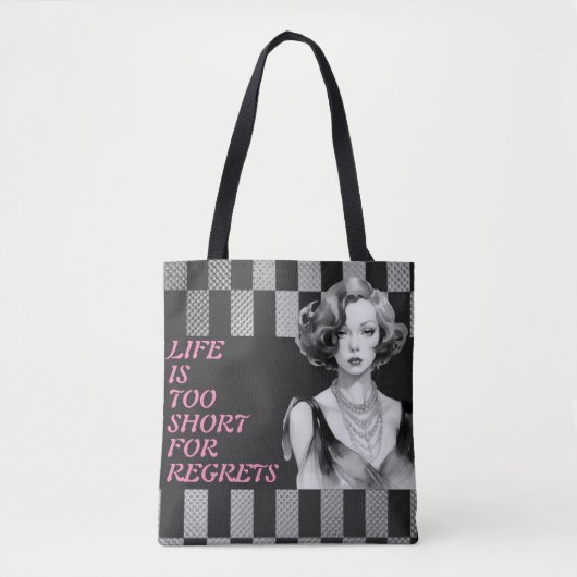 Roze citaat," Het leven is te kort" Grijs & Zwart Tote Bag (Voorkant)