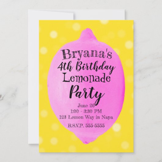 Roze citroen limonade geel verjaardagsfeestje kaart (Voorkant)