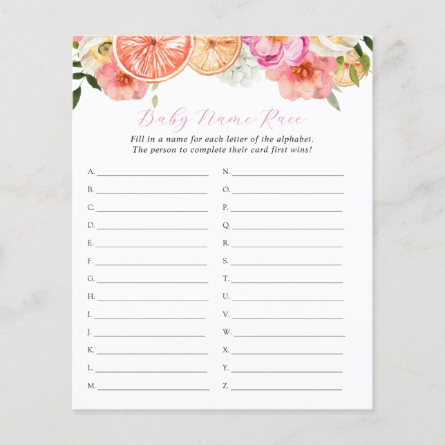Roze Citrus Baby Naam Race Douche Spel (Voorkant)