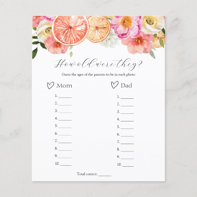 Roze Citrus Hoe oud waren ze Baby shower spel (Voorkant)