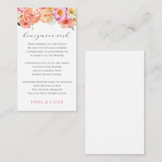 Roze Citrus Honeymoon Wens Fonds Bijlagekaart Informatiekaartje (Voorkant / Achterkant)