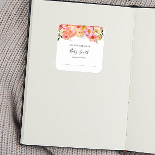 Roze citrusbloemen babyshower-boekplaat vierkante sticker