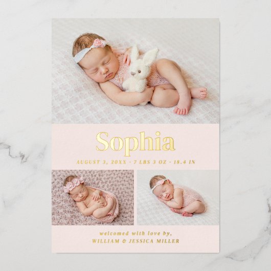 Roze Classic 3 Aankondiging geboorte foto-collage (Voorkant)