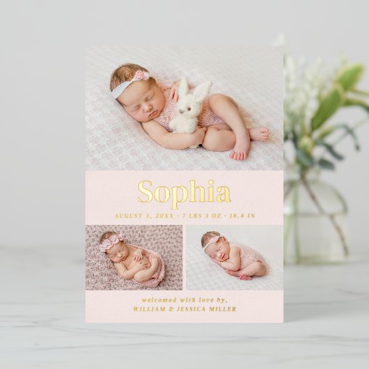 Roze Classic 3 Aankondiging geboorte foto-collage (Staand Voorkant)