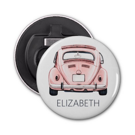 Roze Classic  Buggy Bug Auto gepersonaliseerd Button Flesopener (Voorkant)