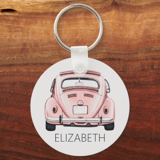 Roze Classic Buggy Bug Auto gepersonaliseerd Sleutelhanger (Voorkant)