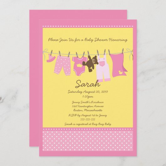 Roze Clothesline Baby shower Uitnodiging (Voorkant / Achterkant)