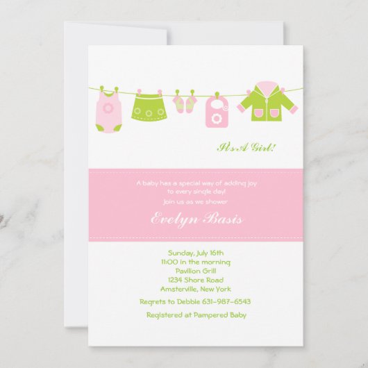 Roze Clothesline Baby shower Uitnodiging (Voorkant)