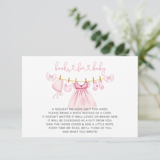 Roze Clothesline Meisje Baby shower Boek Verzoek Informatiekaartje (Staand voorkant)