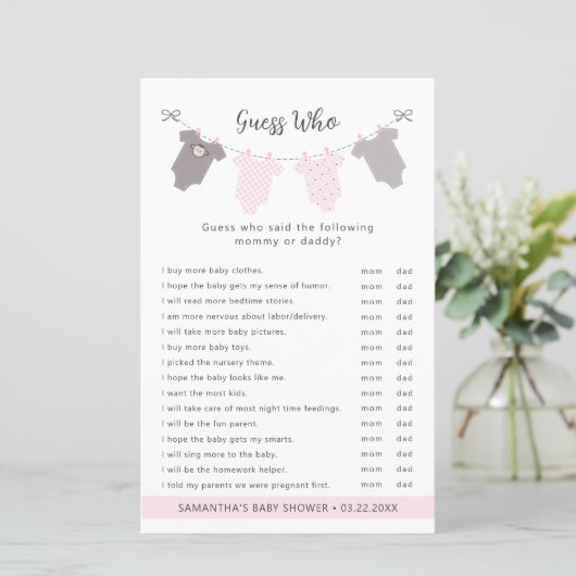 Roze Clothesline Raad wie baby shower spel (Staand voorkant)
