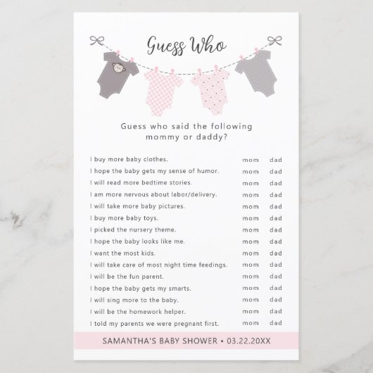 Roze Clothesline Raad wie baby shower spel (Voorkant)