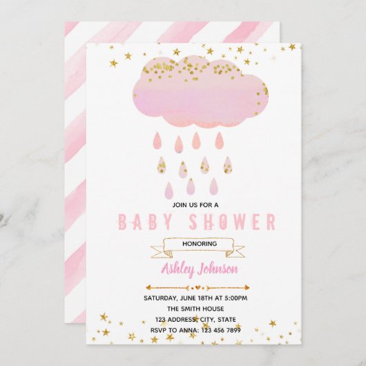 Roze cloud baby shower-uitnodiging kaart (Voorkant / Achterkant)