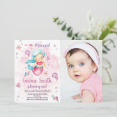 Roze Cloud Mermaid Birthday-uitnodigingen met foto Kaart (Staand voorkant)