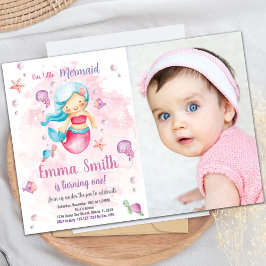Roze Cloud Mermaid Birthday-uitnodigingen met foto Kaart