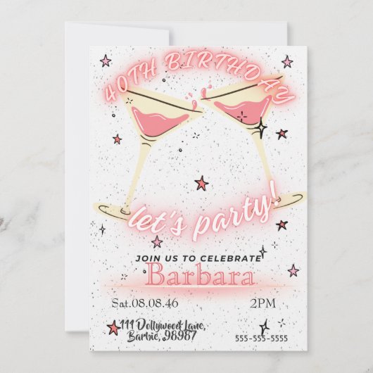 Roze Cocktail 40e Verjaardagsuitnodiging Save The Date (Voorkant)