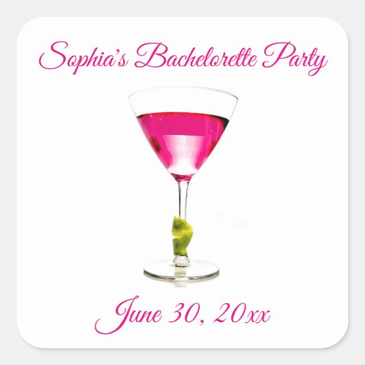 Roze Cocktail Bachelorette Party Vierkante Sticker (Voorkant)