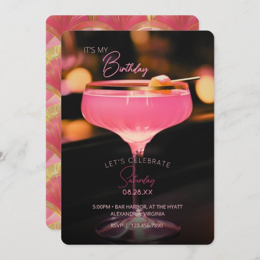 Roze cocktail, het is mijn verjaardag kaart (Voorkant / Achterkant)