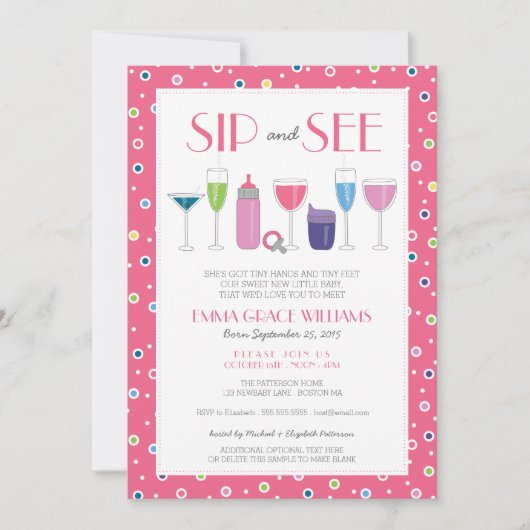 Roze cocktail New Baby Girl Sip en zie uitnodiging (Voorkant)