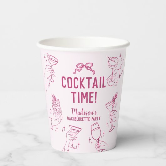 Roze Cocktail Party Retro Bachelorette Party Papieren Bekers (Achterkant)