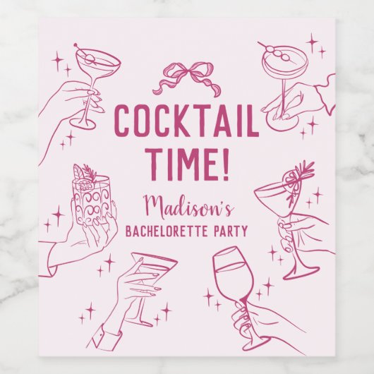 Roze Cocktail Party Retro Bachelorette Party Wijn Etiket (Enkel label)