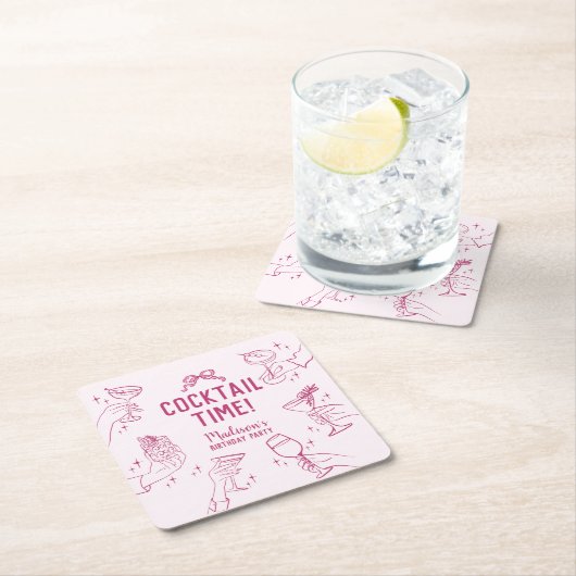 Roze Cocktail Party Retro Verjaardagsfeest Kartonnen Onderzetters (Insitu)
